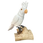 Calopsita no tronco, feita em resina com excelente acabamento, rica em detalhes, na cor branca, confeccionada de modo semi-artesanal. Medidas: Altura: 20 cm. Largura: 20 cm. Comprimento: 15 cm. Aproximadamente 700 gramas.