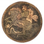 Mandala de São Jorge de parede confeccionada em resina com excelente acabamento, na cor bronze, produzido de modo semi artesanal, com pintura realizada a mão. Medidas: Diâmetro: 33,5 cm. Comprimento: 0,6 cm.