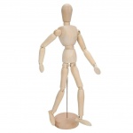Boneco com 16 articulações, em madeira MDF, com suporte de metal, medindo 20cm.