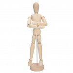 Boneco com 16 articulações, em madeira MDF, com suporte de metal, medindo 30cm.