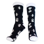 Meia preta, sem uso, com etiqueta, de cano alto, estampada com halteres de academia. Tamanho: 38 a 43.