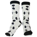 Meia branca, sem uso, com etiqueta, de cano alto, estampada com halteres de academia. Tamanho: 38 a 43.