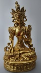 Linda Escultura representando  Buda Tara , em posição de meditação , em madeira , toda patinada em dourada . Linda peça . Medida : 30x17x18cm.