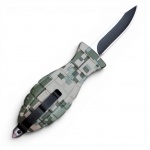 Canivete em aço inoxidável, camuflado, automático, abertura frontal e quebra vidro. Medindo aberto 13 cm.