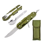 Kit talher militar para sobrevivência em aço inox e cabo de plástico, composto por garfo, colher, saca rolhas, abridor de latas, abridor de garrafas e faca. Comprimento total: 13.5 cm.