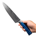 Faca profissional de sashimi, medindo 33,5cm sendo 21cm de lâmina de aço inoxidável e cabo em resina azul.