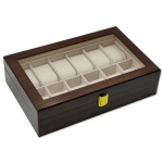 Caixa com capacidade para 12 relógios, com visor de vidro e madeira mdf na cor marrom. Medindo: 20,5 cm x 31,5 cm x 8 cm. Peso de aproximadamente 1,4 kg.