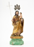Rara Imagem de São Jose em madeira policromada e dourada, sobre base, com Menino Jesus, acompanham Resplendor e Cruz em prata, medindo 21 cm de altura. Brasil séc. XIX.