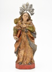 Antiga Imagem de Santana Mestra em madeira policromada e dourada, com livro na mão, acompanha Resplendor de prata, medindo 27 cm de altura. Brasil séc. XIX.