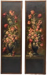 Belissimo e Importante Par de Quadros, Óleo sobre tela, representando Vaso de flores, moldura em madeira dourada, medindo 177 cm por 47 cm. Séc. XIX.