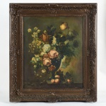 Antigo Óleo sobre tela, assinado, representando Vaso de Flores, com rica moldura entalhada, medindo 58 cm por 48 cm. Séc. XIX.
