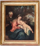 Antigo Óleo sobre Eucatex, representando Nossa Senhora, São Jose e Menino Jesus, moldura em madeira, medindo 50 cm por 42 cm. Séc. XIX.