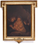 Antigo Óleo sobre tela, representando Nossa Senhora com Menino Jesus, rodeado de Anjos, medindo 58 cm por 45 cm. Séc. XIX.