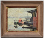 Murillo de Souza - Porto do Caju - Óleo sobre madeira, assinado e datado de 50, representando Marinha, medindo 23 cm por 29 cm.