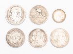 Conjunto de 6 Moedas e Medalhas de prata Brasileira, deferentes modelos e tamanhos, sendo Santos Dumond, Centenário Império Republica de 1822 a 1922 e outros.