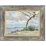 Virgílio Dias - Óleo sobre Eucatex, assinado, representando Paisagem do Rio de Janeiro, vista de Niterói, com moldura de época em madeira, medindo 52ccm por 72 cm.