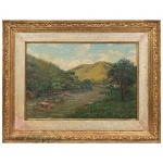 Manoel Faria - Óleo sobre tela, assinado, representando Paisagem do Rio Piabanha, rica moldura em madeira com patina dourada, medindo 48 cm por 70 cm. Selo da Moldura Ideal no verso.