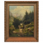 S. FÜSCHER  Óleo sobre tela, assinado e datado de 1875, representando Vale Montanhoso com igreja rural, medindo 75 cm por 60 cm. Antiga Moldura em madeira dourada.