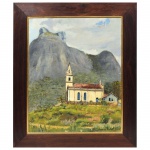 LOURDES MOLLET - Óleo sobre Eucatex, representando Paisagem com Igreja em área rural', assinado, datado de 1948, medindo 65 cm por 53 cm.