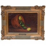 Angelina Figueiredo - Óleo sobre tela, assinado e datado de 1902, representando Cesto de Frutas, rica moldura em madeira dourada, medindo 22 cm por 30 cm.