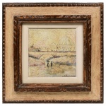 Tadashi Kaminagai - Óleo sobre, assinado, representando Paisagem Europeia, com linda moldura em madeira de época, medindo 20 cm por 20 cm.