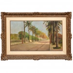 ANTONIO PARREIRAS - Óleo sobre tela, assinado e datado de 1905, vista do Canal do Mangue e Presidente Vargas, medindo 53 cm por 90 cm.