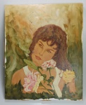 PINTURA OLEO SOBRE TELA MULHER COM FLORES -  PINTOR ANDRE - 40 X 50CM - NO ESTADO CONFORME FOTOS