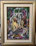 MARTHA MOURA 1997 - Banhistas, óleo sobre eucatex medindo 45x66 somente a obra e 75x96 com a moldura. Assinado no canto inferior direito.  Martha Moura é grande artista plástica, nascida em Diamantina, fazia parte da família Cyrillo, tradicional da cidade. Seus dons artísticos começaram a aflorar enquanto estudava no Colégio Nossa Senhora das Dores, onde se formou professora. Trabalhou e estudou com grandes nomes das artes plásticas no Brasil, tais como: Ernesto Quissack, Lygia Clarck, Marisa Portinari, Iberê Camargo, Glauco Rodrigues e Malagoli. Lecionou por muitos anos em escolas de artes plásticas em Minas Gerais, Rio Grande do Sul e São Paulo. Expôs em diversos Salões e Galerias por todo Brasil.