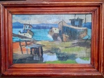 HÉLIO BRECHERINI - Barcos no Cais, óleo sobre madeira medindo 30x42 com moldura e 20x32 somente a obra. Assinada no canto inferior esquerdo.