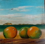 EVILÁSIO LOPES 1991 - Laranjas na praia, oleo sobre madeira medindo 30x30 cm sem moldura.