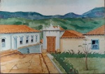 JOEL FIRMINO DO AMARAL - Paisagem com casario, aquarela sobre papelão medindo 37x27cm não emoldurada.