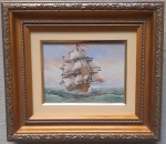 OBRA SEM ASSINATURA - Marinha com barco, óleo sobre madeira medindo 27x32 com a moldura e 14x19 somente a obra.