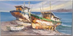 CARVALHO DE CASTRO - Barcos atracados, óleo sobre tela medindo 30x60 cm com chassi e sem moldura, assinado no canto inferior direito.