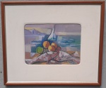 JOSÉ MORAES 1970 - Peixes e frutas na praia. óleo sobre tela medindo... Assinado e datado no canto inferior direito. Assinado, datado e localizado no verso.