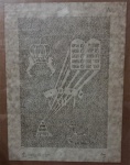 OPHELIA e SIMÃO TREIGER 1980 - Gravura judaica assinada e numerada 40/200 com texto em hebraico e alusão às Tábuas da Lei dadas a Moisés. Obra com moldura em madeira e proteção de vidro. Medidas 31x39 com moldura e 24x32 só a gravura. Necessita limpeza.