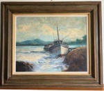 CLÉLIA MARIA 1990 - Barco Solitário, óleo sobre tela medindo 73x58 somente a obra e 99x85 com a moldura. Assinado no canto inferior esquerdo. Titulado, datado e assinado no verso.