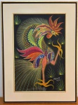 CHICO DA SILVA 1974 - Galo fantástico, (Escola de Pirambu), óleo sobre tela medindo 45x65cm somente a obra e 64x85 com a moldura. Assinado e datado no canto inferior direito.