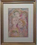 SANTA - Quatro meninas, aquarela medindo 30x45cm somente a obra e 55x68 com a moldura. Emoldurada com vidro.