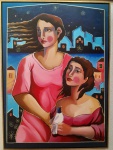 YARA TUPYNAMBÁ 1980 - Figuras com pássaro, óleo sobre madeira medindo 75x103cm. Assinada no canto inferior direito. Emoldurada com moldura infinita. Yara Tupynambá é uma pintora, gravadora, desenhista, muralista e professora residente em Belo Horizonte. Iniciou seus estudos de arte em 1950, em Belo Horizonte, com Guignard, e aprofundou-se na gravura em 1954 com Misabel Pedrosa, aperfeiçoando-se posteriormente com Oswaldo Goeldi, no Rio de Janeiro. Cursou a Faculdade de Artes Visuais da Universidade Federal de Minas Gerais (UFMG), onde, em 1967, defendeu tese sobre Albert Dürer e, no ano seguinte, passou a lecionar gravura na mesma instituição. Dedicou-se especialmente à gravura em madeira, preferindo o preto e branco à utilização de cores. Em suas telas a óleo, retratou congados, cavalhadas e violeiros, temas que remetiam à sua adolescência e às viagens pelo interior de Minas Gerais. Uma das maiores artistas mineiras com obras nas melhores coleções e com valorização e procura em ascendência.