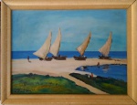 BUSTAMANTE SÁ - Jangadas, óleo sobre tela medindo 53x72 somente a obra e 65x85 com a moldura. Assinado no canto inferior esquerdo. Titulado e assinado também no verso.