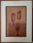 CARLOS SCLIAR 1963 - 3 taças, acrílica e colagem sobre madeira medindo 37x56 somente a obra e 61x80 com a moldura. Assinado e datado na margem inferior central. Também localizado, titulado e datado no verso.