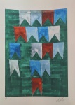 Alfredo Volpi, `Bandeirinhas P.I` - gravura medindo 42X30, a.c.i.d