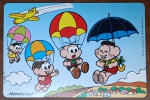 Cartões Postais promocionais Nestlé / Turma da Mônica (1995). A cena é muito criativa, mostrando a turma saltando de paraquedas, com o Cascão usando seu inseparável guarda-chuva para descer.O código deste exemplar é o 471180-1 H.