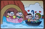 Cartões Postais promocionais Nestlé / Turma da Mônica (1995). A cena retrata um passeio romântico no "Túnel do Amor", com o Cascão e a Cascuda navegando em um guarda-chuva, enquanto Mônica e Cebolinha observam com desconfiança.