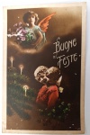 Antigo Cartão Postal Italiano "Buone Feste"  Natal e Ano Novo  Temática Anjo e Casal (Circa 1900-1920)