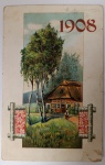 Antigo Cartão Postal "Ano Novo 1908"  Cromolitografia Europeia  Estilo Pastoral e FloralMagnífico cartão postal original de época, celebrando a chegada do ano de 1908. A peça utiliza a técnica de cromolitografia, que proporciona cores vibrantes e uma textura visual rica, típica das editoras de alta qualidade da Alemanha ou Áustria do início do século.