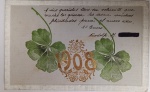 ntigo Cartão Postal "Ano Novo 1908"  Mensagem Manuscrita  Símbolos de Sorte (Trevo de Quatro Folhas)Raro cartão postal datado de 1º de Janeiro de 1908, contendo uma dedicatória manuscrita em espanhol. Peças com caligrafia original de época são muito apreciadas por colecionadores de história social e genealogia, pois transformam o objeto em um documento único e datado.