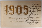 Raro Cartão Postal de Luxo "Ano Novo 1905"  Relevo Dourado  Mensagem Manuscrita de ÉpocaExemplar raríssimo de cartão postal de felicitações para o ano de 1905. Esta peça é um documento histórico fascinante, contendo uma mensagem manuscrita de um irmão para sua irmã ("Maria"), o que a torna um item de alto interesse para colecionadores de história social e ephemera centenária.