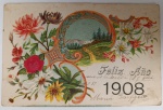 Antigo Cartão Postal "1908"  Cromolitografia com Relevo e Glitter  Paisagem Alpina e FloralRaro e belíssimo cartão postal de Ano Novo datado de 1º de Janeiro de 1908. Esta peça se destaca pela complexidade de sua execução, unindo diversas técnicas ornamentais da Belle Époque para criar um efeito visual luxuoso e festivo.