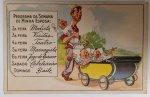 Antigo Cartão-Postal Humorístico "Programa da Semana de Minha Esposa"  Anos 40/50 Ilustração colorida apresentando um pai exausto empurrando um carrinho com trigêmeos chorando, enquanto a legenda lista a agenda social da esposa (Modista, Teatro, Massagista, Jogo de Buraco, Baile, etc.). Uma peça de grande interesse para colecionadores de humor gráfico retrô.